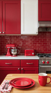 Cherry red in the kitchen creates a lively and inviting atmosphere, perfect for cooking and gathering.
