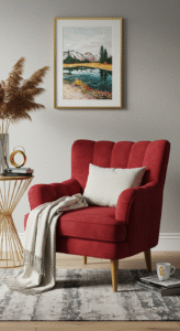 Cherry Red Velvet Accent Chair Why it works: Plush velvet and vibrant red? A combo that screams luxury and comfort. Style Tip: Pair it with gold accents or a neutral throw for contrast.